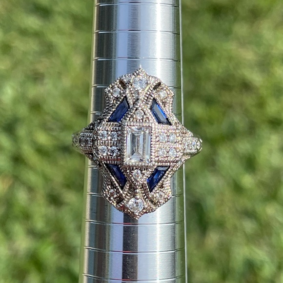 Ross Simons Art Deco 925 Sterling Silver Blue and Clear Cubic Zirconia 9.75 Ring - Picture 1 of 12